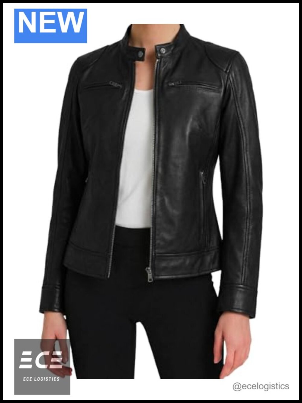 Real Lambskin Leather Jacket Women Cafe Racer Moto Biker Zip Front